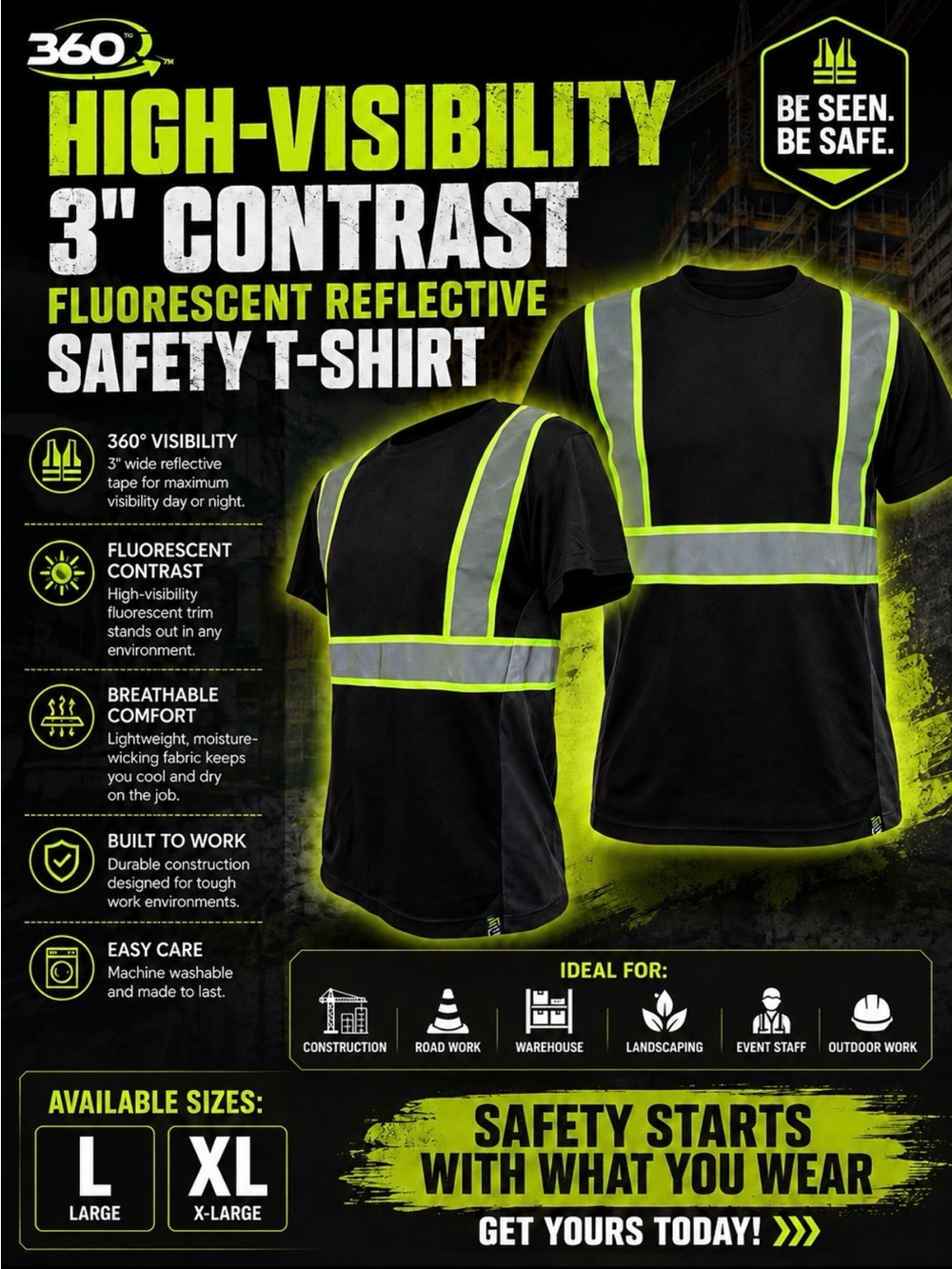 Titanium Threads 360 High-Visibility Contrast Reflective Safety T-Shirt L or XL